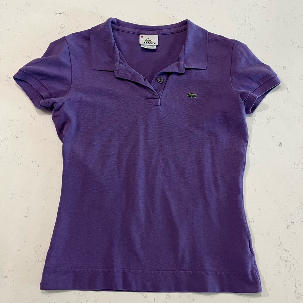 Lacoste girls short sleeve polo shirt, size 38, purple collared Lacoste shirt